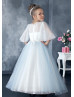 Cape Sleeve Blue Glitter Tulle Flower Girl Dress